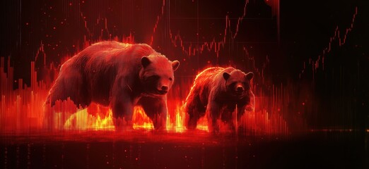 Poster - Bears Symbolizing Market Downturn with Financial Graphs and Flames, Depicting Economic Struggles and Volatility, copy space for text