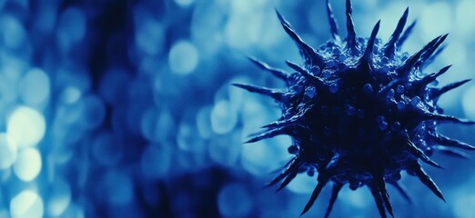 Poster - Microscopic view of virus structure showcasing spikes and intricate details in blue tones, copy space for text
