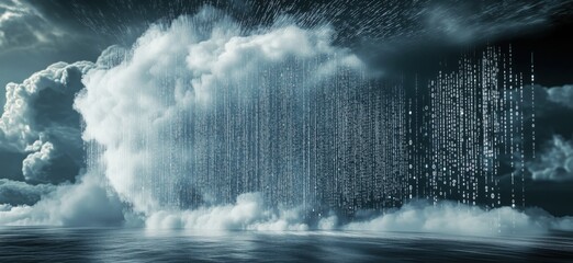 Poster - Digital Cloud Computing Concept with Binary Code Rain and Dramatic Sky, copy space for text
