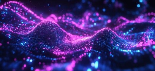 Poster - Vibrant digital landscape with glowing waves of pink and blue light, representing data visualization and abstract technology, copy space for text