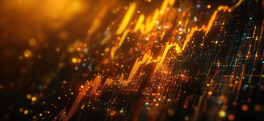 Poster - Dynamic financial market data visualization with glowing lines and particles representing stock trends and analytics, copy space for text