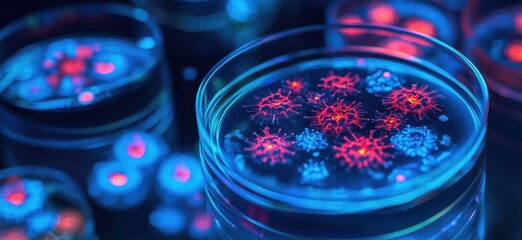 Poster - Microscopic view of vibrant virus cultures in petri dishes showcasing intricate details and colors, highlighting scientific research and microbiology, copy space for text