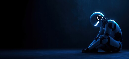 Poster - Lonely robot in dark environment, showcasing emotional depth and futuristic design, illuminated features, and a sense of isolation, copy space for text