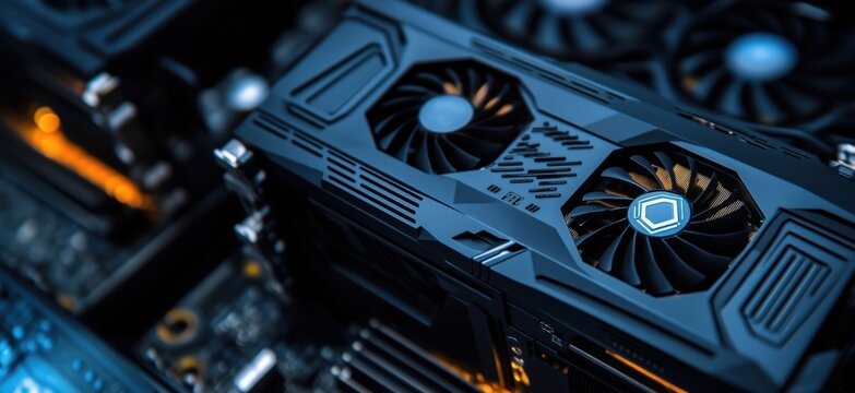 High-performance graphics card showcasing advanced cooling technology and sleek design, ideal for gaming and professional applications, copy space for text