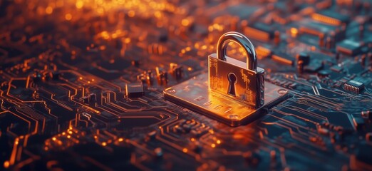 Poster - digital security lock on circuit board, representing cybersecurity, technology, and data protection 