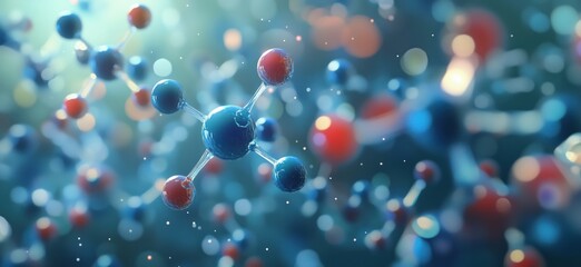 Poster - Molecular Structure Visualization, Abstract Representation of Atoms and Molecules, Scientific Background with Colorful Spheres and Bonds, copy space for text
