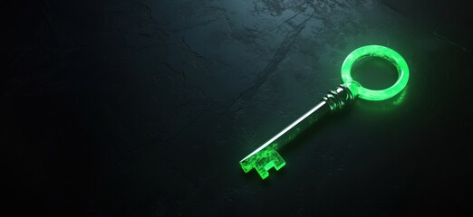 Poster - Glowing Green Key on Dark Surface, Illuminated by Soft Light, Symbolizing Mystery and Unlocking Secrets, copy space for text