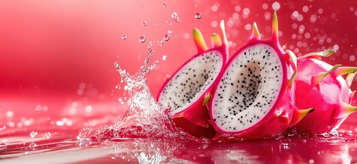 Poster - Dragon fruit splashing in water, vibrant pink background, showcasing juicy white flesh and black seeds, fresh tropical fruit, healthy lifestyle, copy space for text