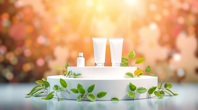 White product display podium with nature leaves. 3D rendering