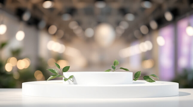 White product display podium with nature leaves. 3D rendering