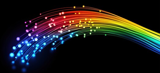 Poster - Colorful light trails representing digital data transmission, vibrant rainbow spectrum, glowing dots, abstract technology background, copy space for text