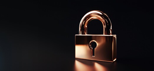 Poster - Shiny golden padlock symbolizing security and protection, reflecting light on a dark background, showcasing modern design and elegance, copy space for text
