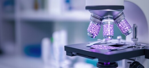 Poster - Microscope with illuminated slide showcasing cellular structures in laboratory setting, advanced scientific research equipment, copy space for text