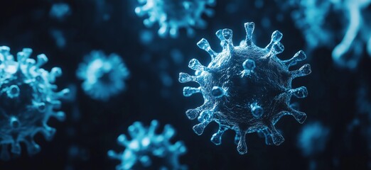 Poster - Microscopic view of virus particles, showcasing intricate structures and details, illuminated in blue tones against a dark background, copy space for text