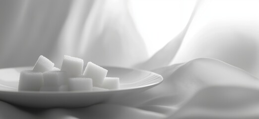 Poster - Sugar cubes arranged on white plate with soft fabric background, monochrome aesthetic, copy space for text