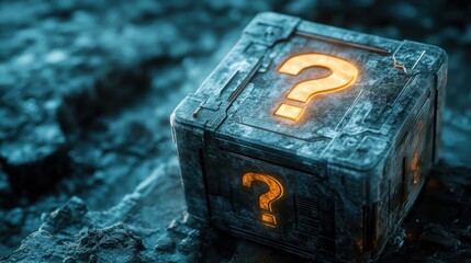 Poster - Mysterious metallic box with glowing question mark in dark setting