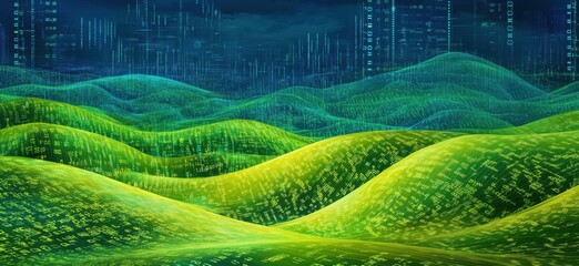 Poster - Digital landscape with rolling green hills covered in binary code, representing data and technology in a futuristic environment, copy space for text