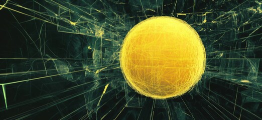 Poster - Yellow egg surrounded by glowing lines and abstract digital patterns, representing energy and creativity in a futuristic environment, copy space for text