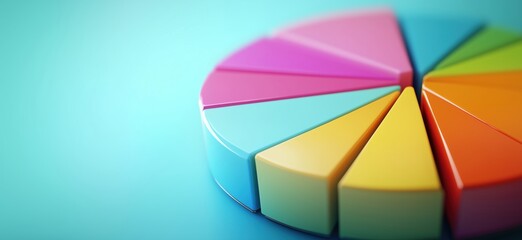 Poster - Colorful pie chart segments representing data visualization, analysis, and statistics in a vibrant blue background, copy space for text