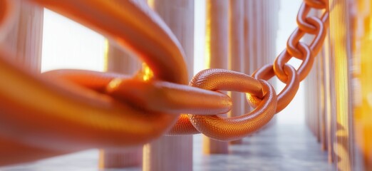 Poster - Orange chain link connecting pillars in a bright environment, showcasing strength and unity, copy space for text