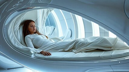 Poster - This tranquil scene shows a woman resting soundly in a sleek, modern bed surrounded by soft lighting.