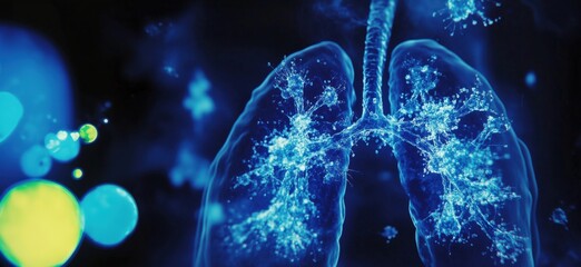 Poster - Lungs illuminated with blue light showcasing intricate network of airways and alveoli, representing respiratory system and health, copy space for text