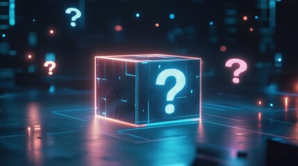 Poster - Futuristic Digital Cube with Question Marks in a Tech Environment