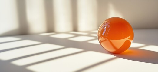 Poster - Orange spherical object casting shadows on white surface, showcasing light reflections and geometric patterns, copy space for text