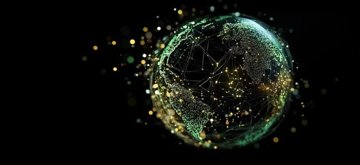Poster - Digital globe representation with interconnected nodes and glowing lights, symbolizing global connectivity and technology, copy space for text