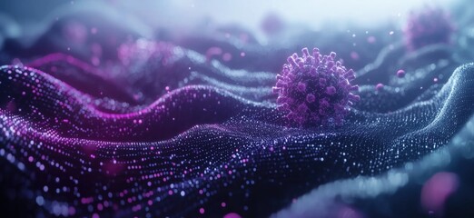 Poster - Vibrant 3D Visualization of Coronavirus Surrounded by Abstract Digital Waves and Particles, Representing Virus Spread and Infection Dynamics, copy space for text