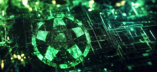 Poster - Green digital circuit board featuring nuclear symbol, futuristic technology, abstract design, glowing elements, cybernetic background, copy space for text