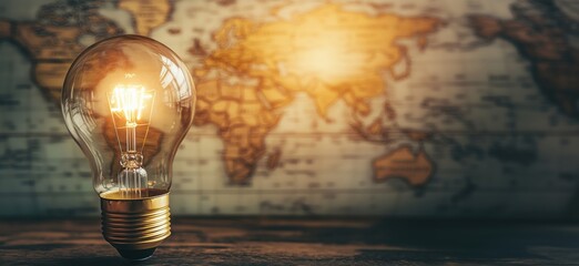 Poster - Illuminated light bulb symbolizing ideas and innovation against vintage world map background, representing global knowledge and exploration, copy space for text