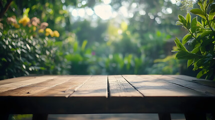 Canvas Print - Wooden table in garden with greenery.