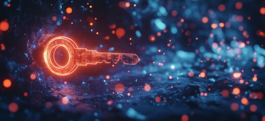Poster - glowing digital key illuminated in dark environment with vibrant particles, representing security an