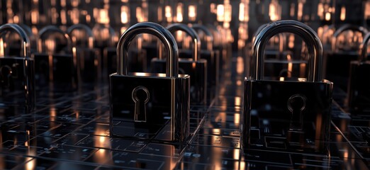 Poster - digital security locks on a futuristic circuit board background, representing cybersecurity and data