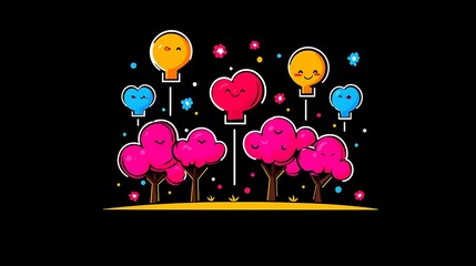 Wall Mural - Colorful cartoon trees and balloons on a dark background.