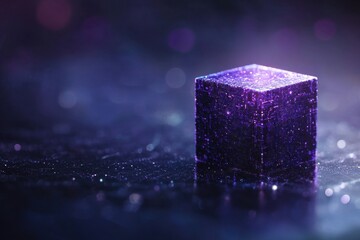 Poster - Illuminated Purple Cube on Reflective Surface with Sparkling Background Effects