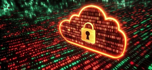 Poster - Cloud security concept with digital lock symbolizing data protection in cloud computing environment, binary code background, copy space for text