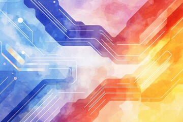 Poster - Abstract digital watercolor design with flowing lines in vibrant blue and orange tones