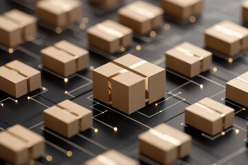 Poster - Modern Delivery Concept with Cardboard Boxes and Network Connectivity Visualization