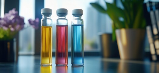 Poster - Colorful laboratory vials with yellow, pink, and blue liquids against a backdrop of plants and cityscape, showcasing scientific experimentation and research, copy space for text