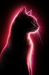 Poster - This striking digital artwork features the silhouette of a cat illuminated by vibrant pink light, creating a captivating contrast against a dark background, highlighting its elegant features.