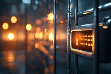 Poster - A 3D-rendered jail cell with a glowing keypad lock and a holographic display showing prisoner details