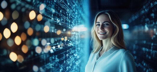 Poster - Smiling woman in front of digital data wall, showcasing technology and innovation, illuminated background with abstract patterns, copy space for text