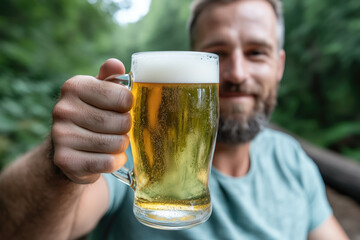 Man holding a mug of beer in the forest. Close-up.