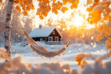 Poster - A cozy izba at sunset, with golden light streaming through its windows and warm wooden textures visible