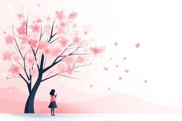Poster - A flat design of a Japanese girl in a kimono standing under a simple cherry blossom tree, with a clean white background