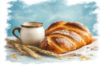 Poster - A flat design of a traditional Kiddush cup and challah bread, drawn in bold lines on a white canvas