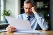 © velikiyzayats - Stressed Businessman Reading Document in Office, Concept for Work Pressure, Stress Management, and Business Challenges