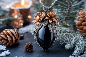 Poster - A gothic necklace with a black onyx pendant, displayed on a dark velvet cloth surrounded by ornate patterns